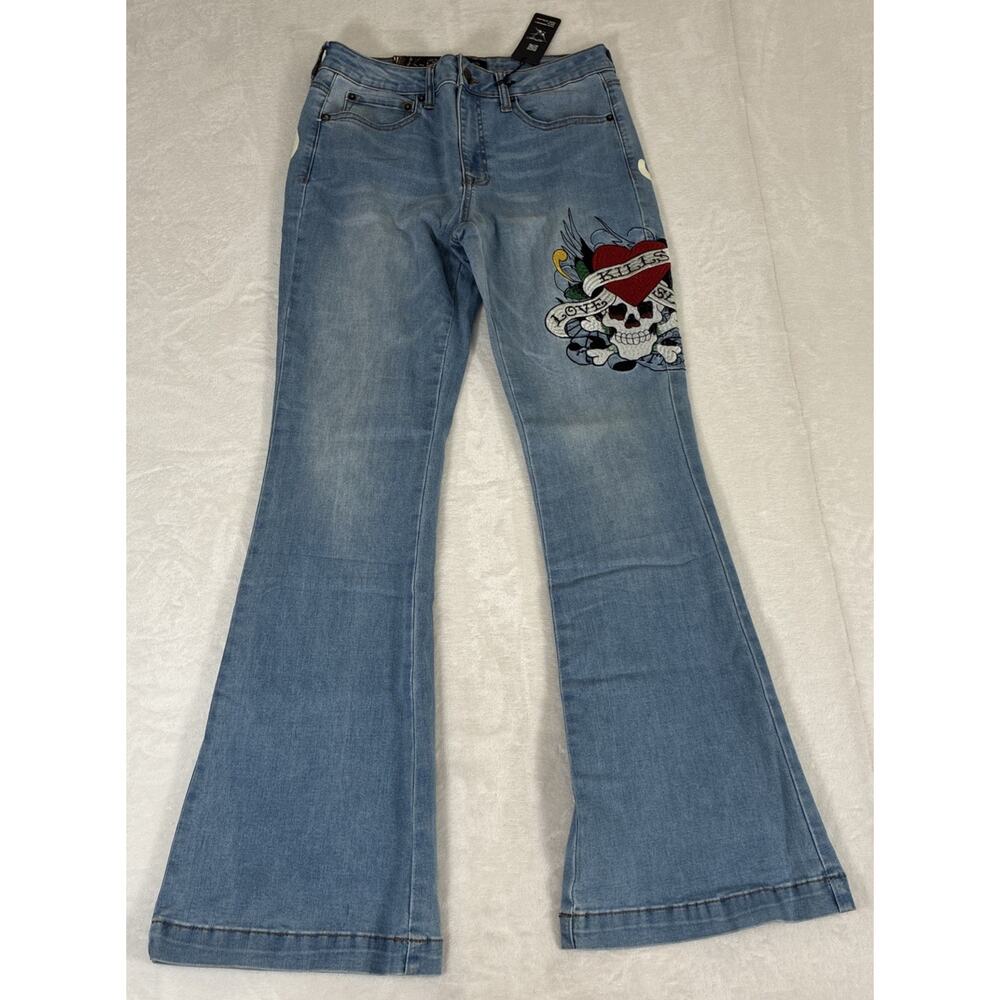 NWT ED HARDY Denim Fit&Flare “Love Kills Slowly” Embellished Jeans 30 Charity